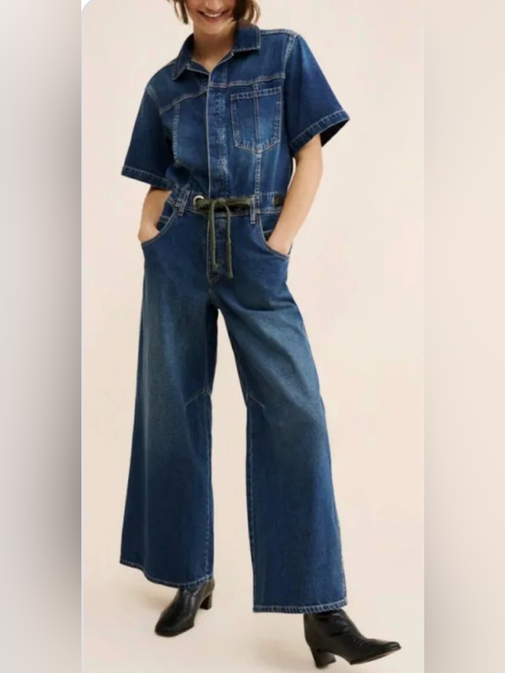 Free People We The Free Edison Wide Leg Coverall Boho Cape Blue Jumpsuit M NWOT - Picture 3 of 13